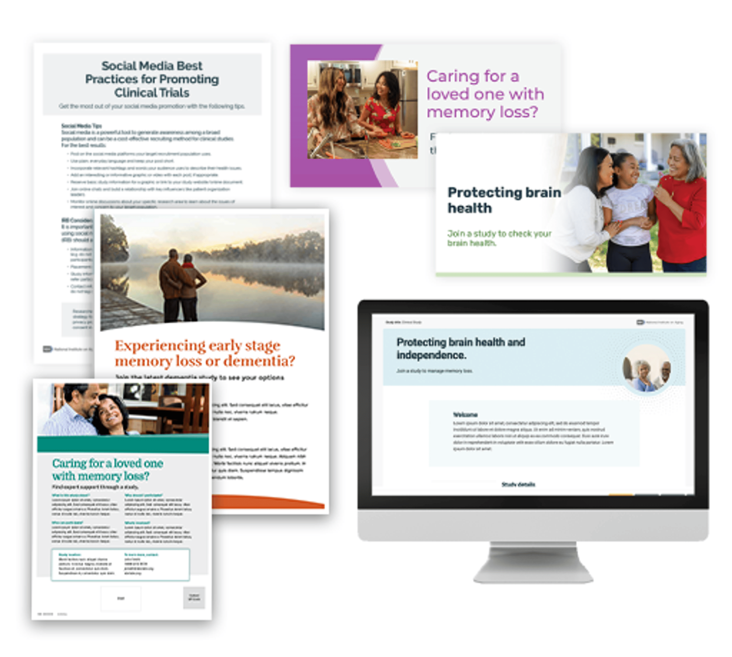 Collage of example study-specific materials, including handouts and social media.