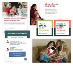 Collage of example materials about how clinical studies work, including handouts, social media, and video.