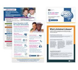 Collage of example materials about brain health, including handouts and social media.